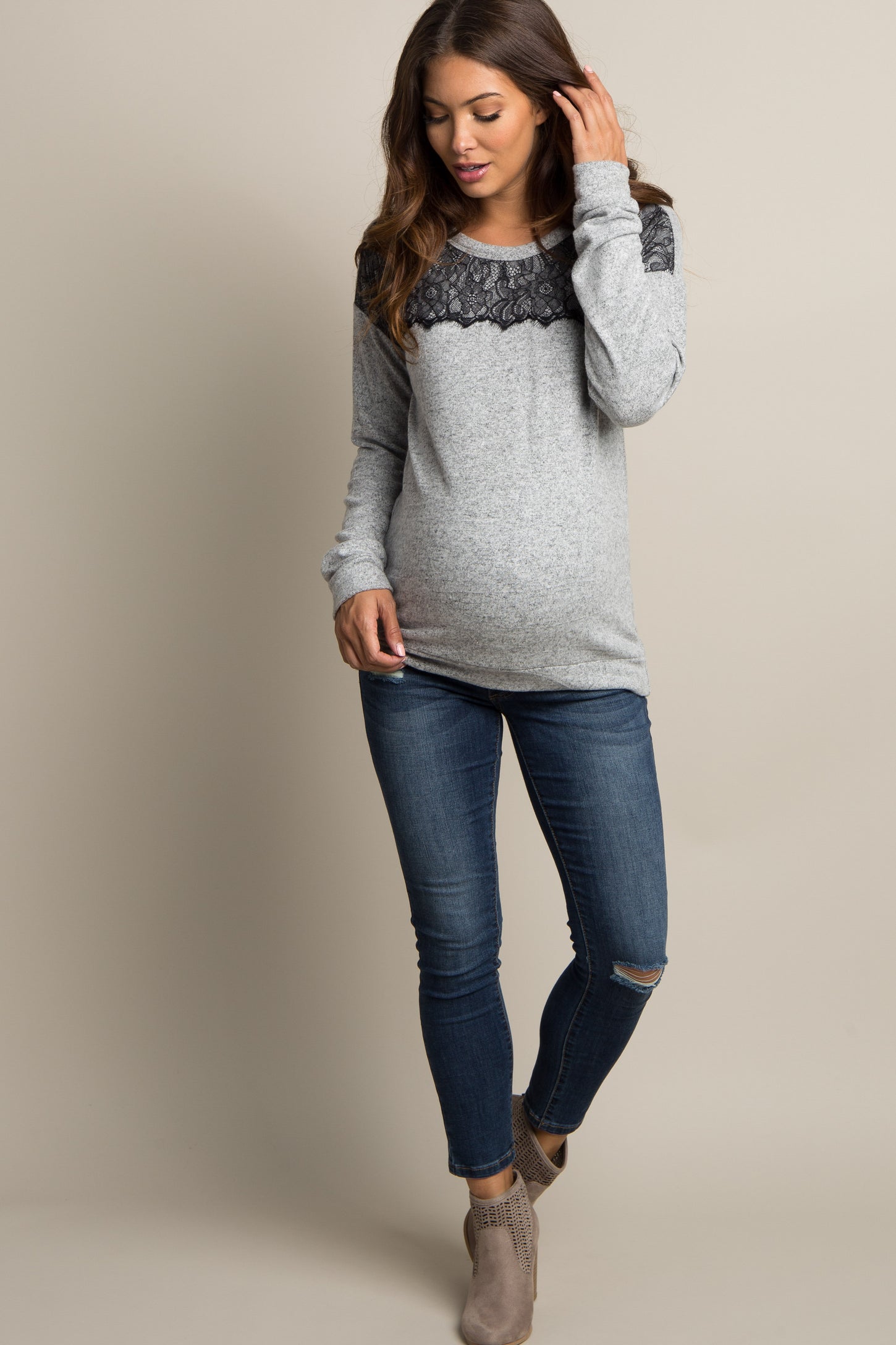 Grey Lace Accent Soft Knit Maternity Sweater