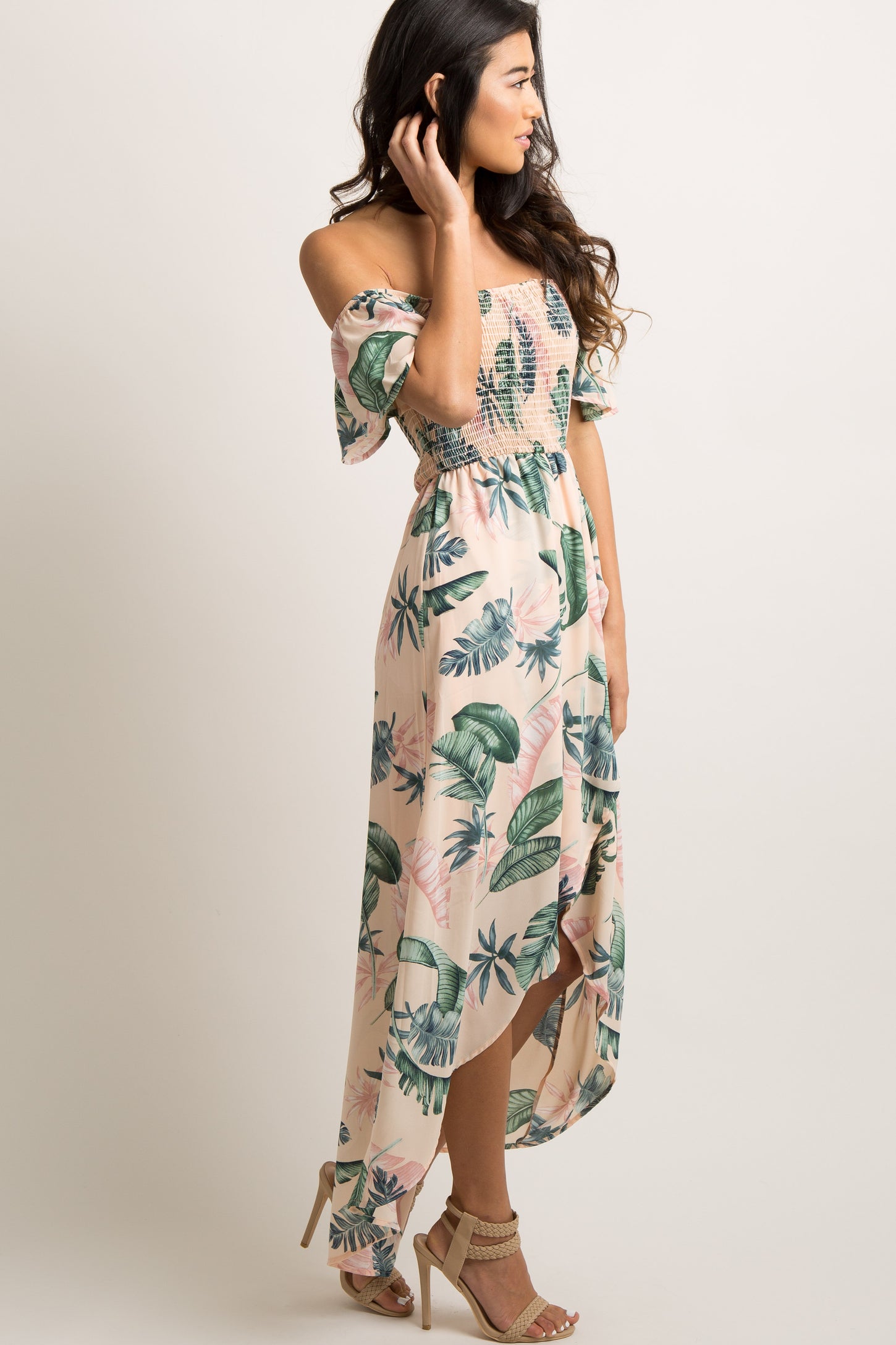 PinkBlush Peach Leaf Print Smocked Off Shoulder Dress