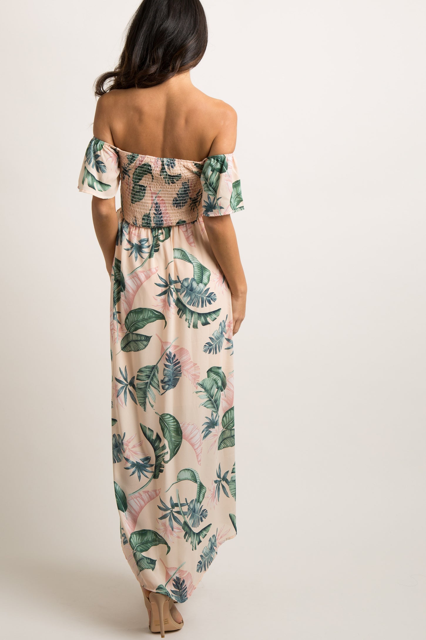 PinkBlush Peach Leaf Print Smocked Off Shoulder Dress