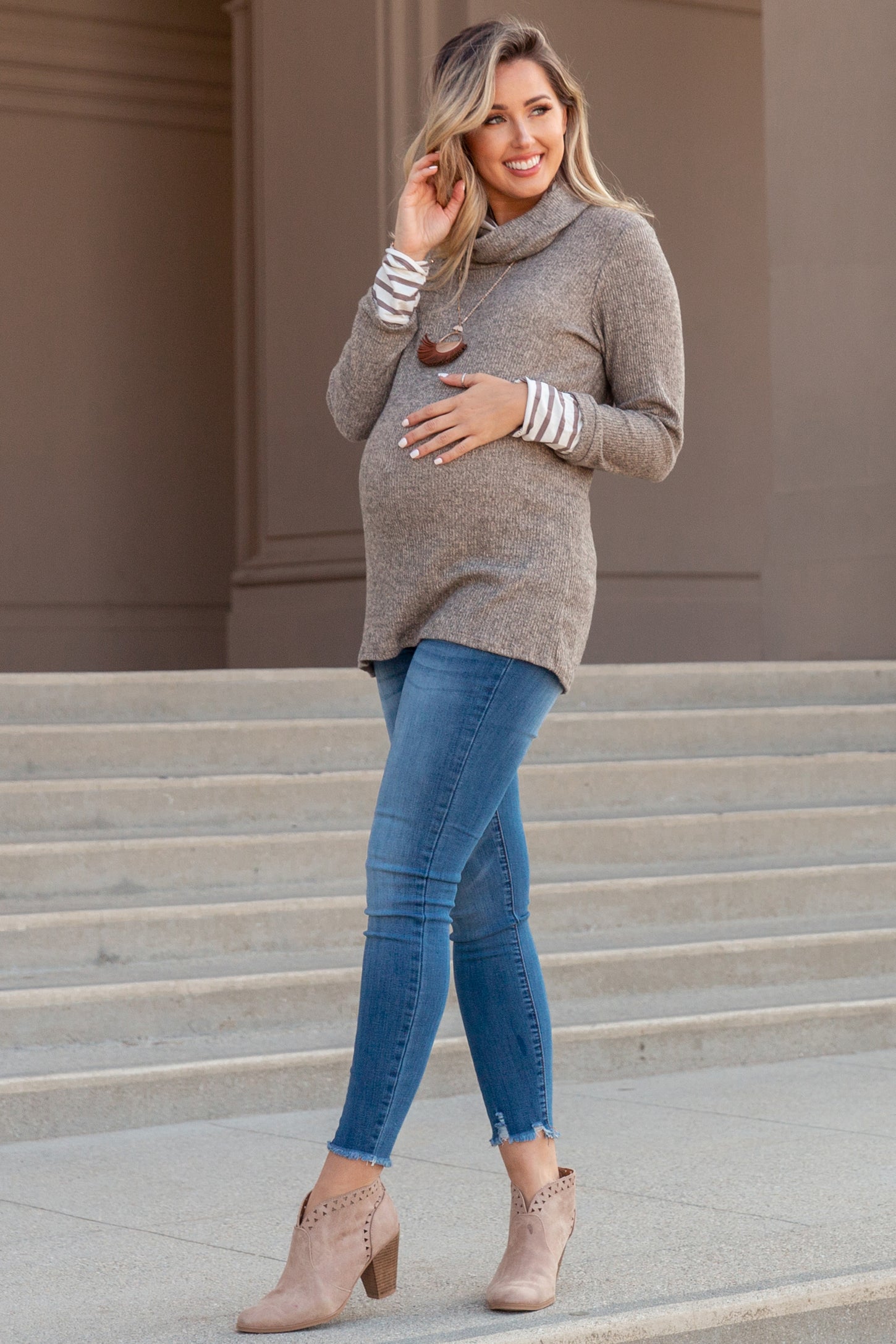 Mocha Striped Cowl Neck Knit Maternity Top