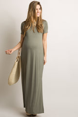 PinkBlush Olive Basic Side Slit Maternity Maxi Dress