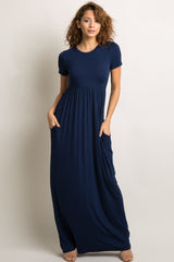 Navy Blue Solid Side Pocket Maternity Maxi Dress