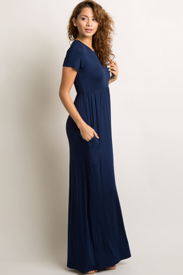Navy Blue Solid Side Pocket Maxi Dress