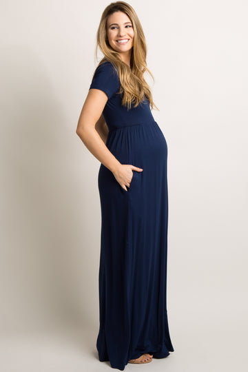 Navy Blue Solid Side Pocket Maternity Maxi Dress