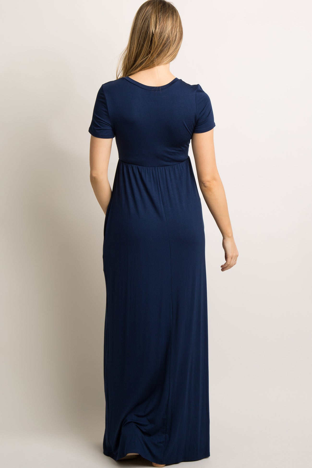 Navy Blue Solid Side Pocket Maternity Maxi Dress– PinkBlush