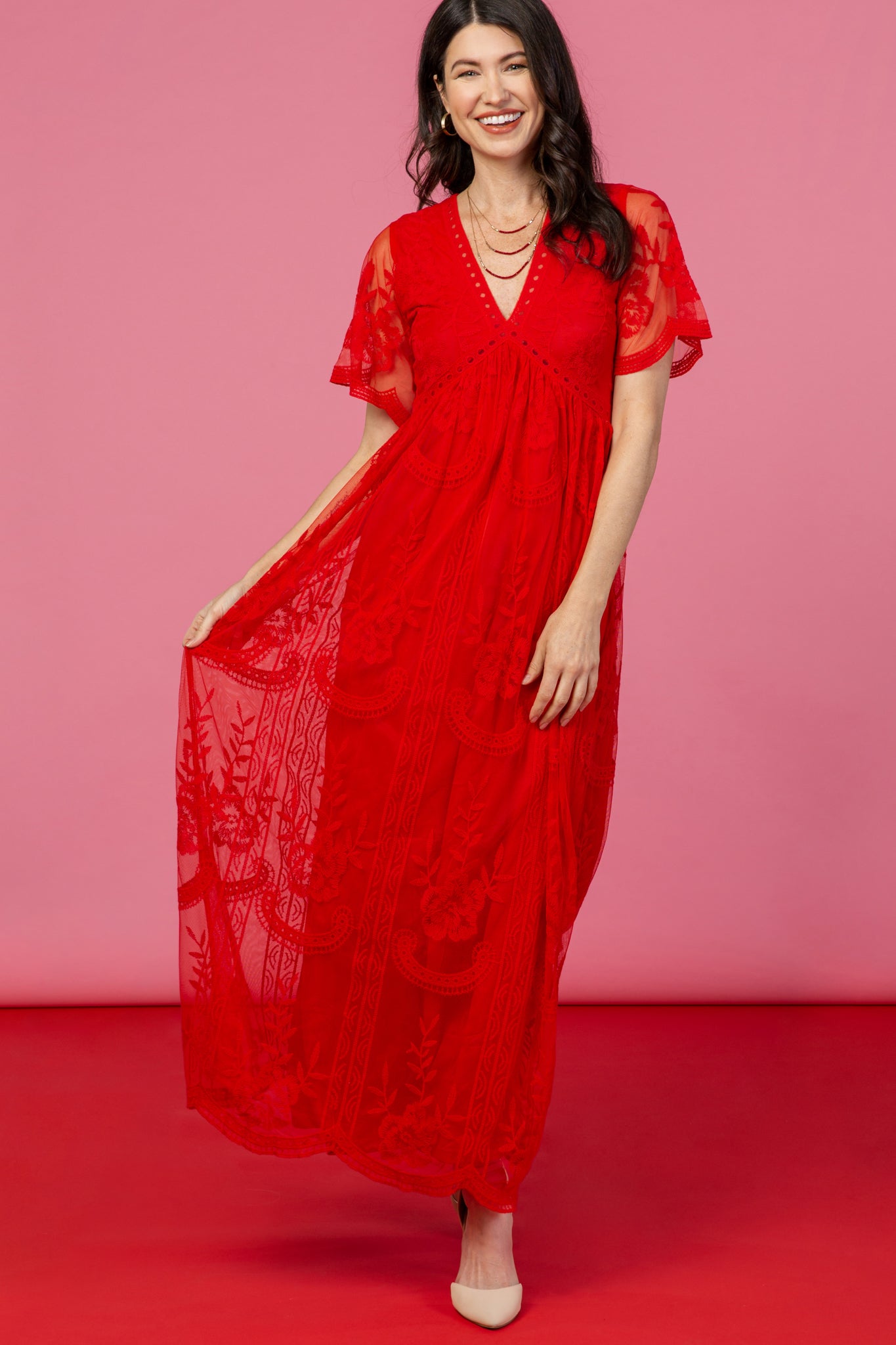 PinkBlush Red Lace Mesh Overlay Maxi Dress