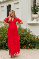 PinkBlush Red Lace Mesh Overlay Maternity Maxi Dress