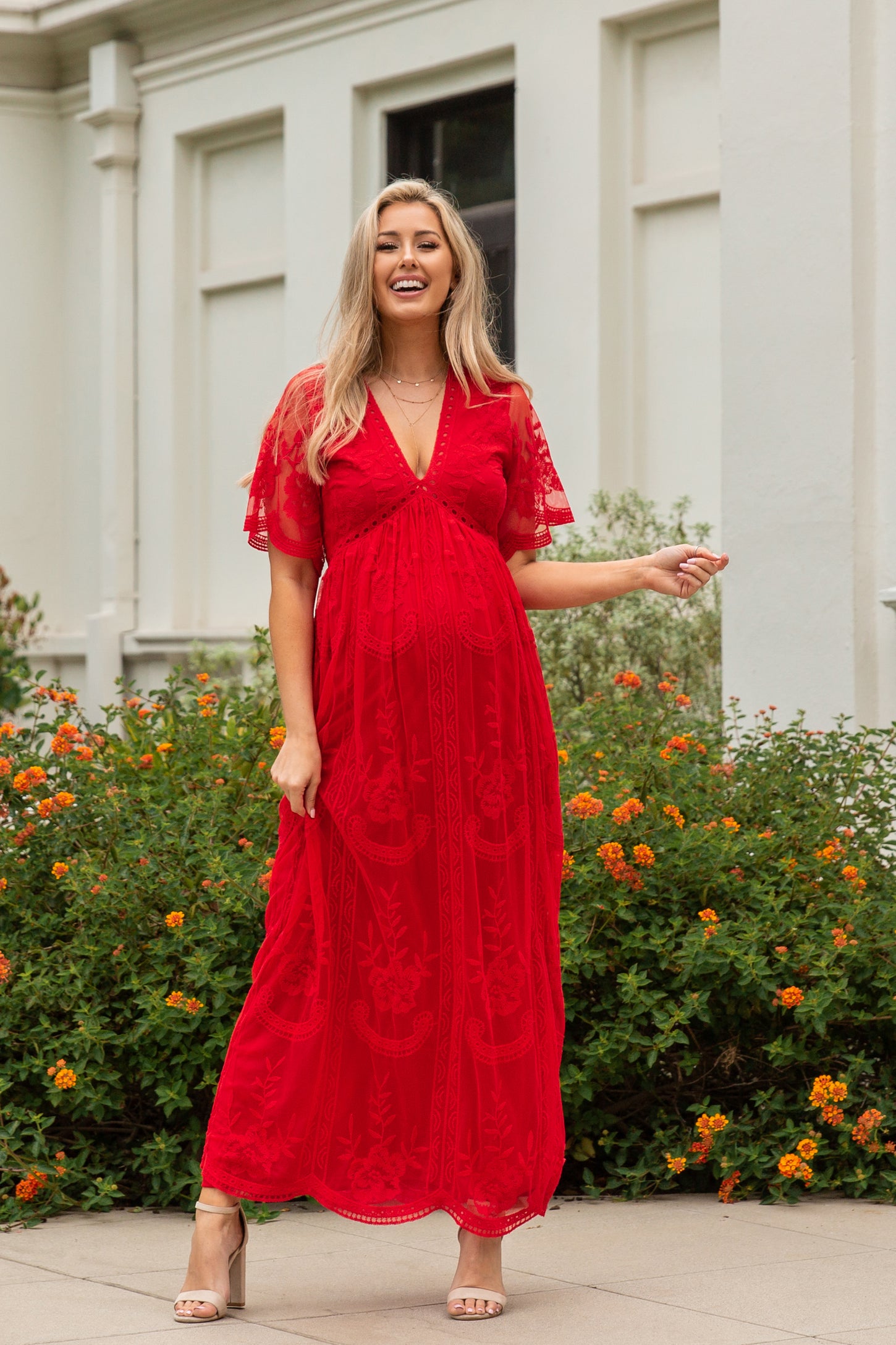 RIBBON SLEEVE WIDE SLIT GOWN – Tiger Red – Norma Kamali