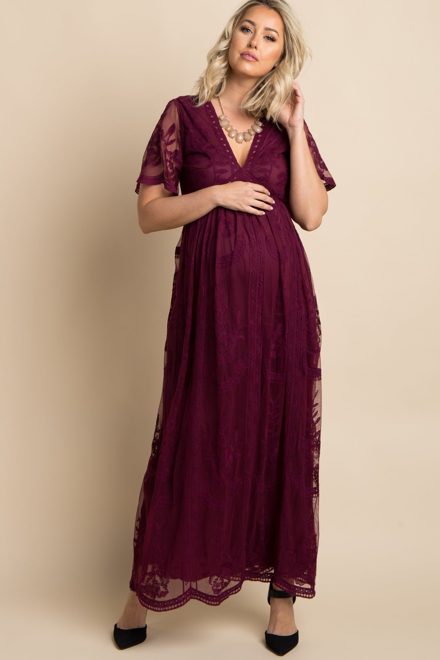 Burgundy Lace Mesh Overlay Maternity Maxi Dress