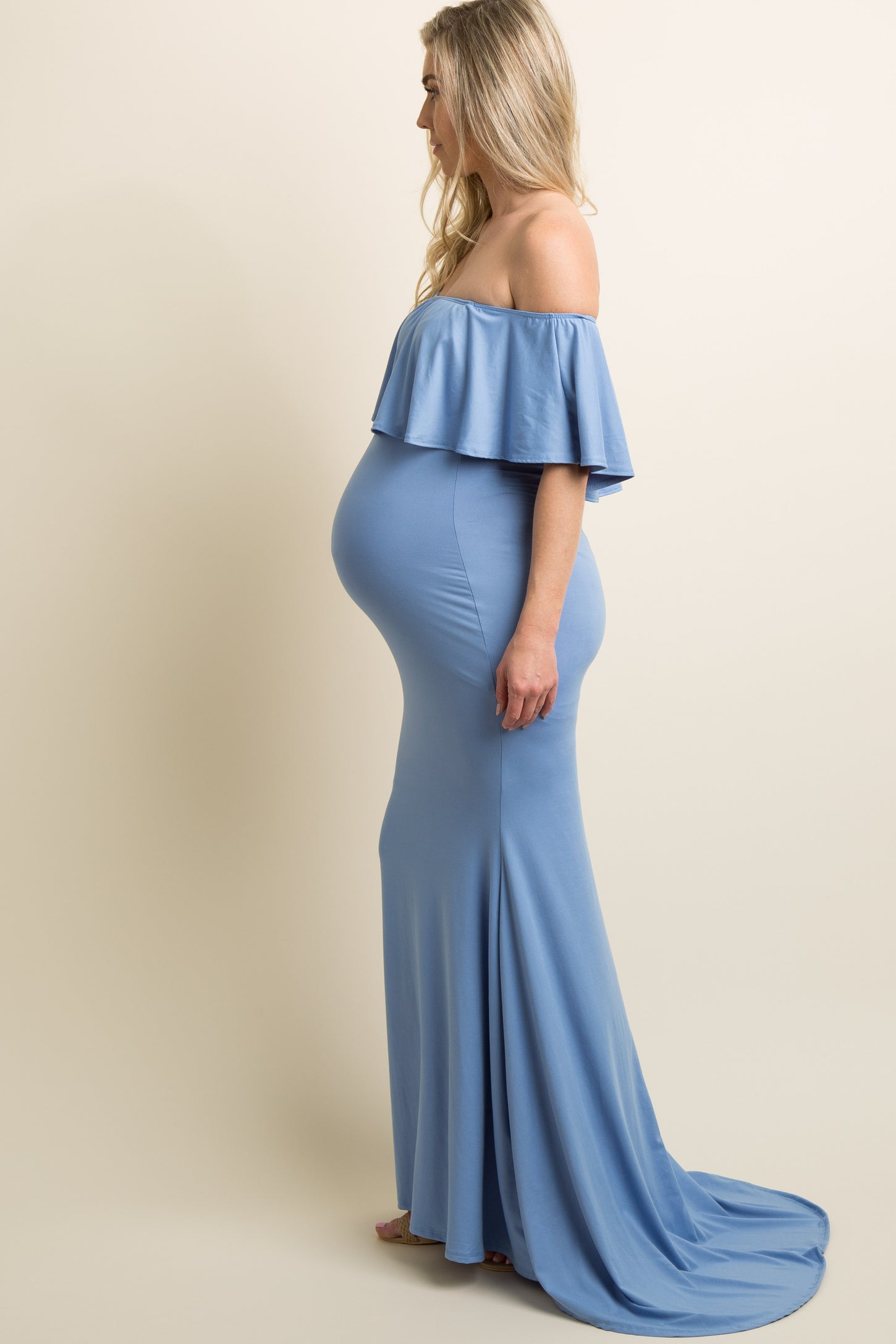 Blue Ruffle Off Shoulder Mermaid Maternity Photoshoot Gown/Dress ...