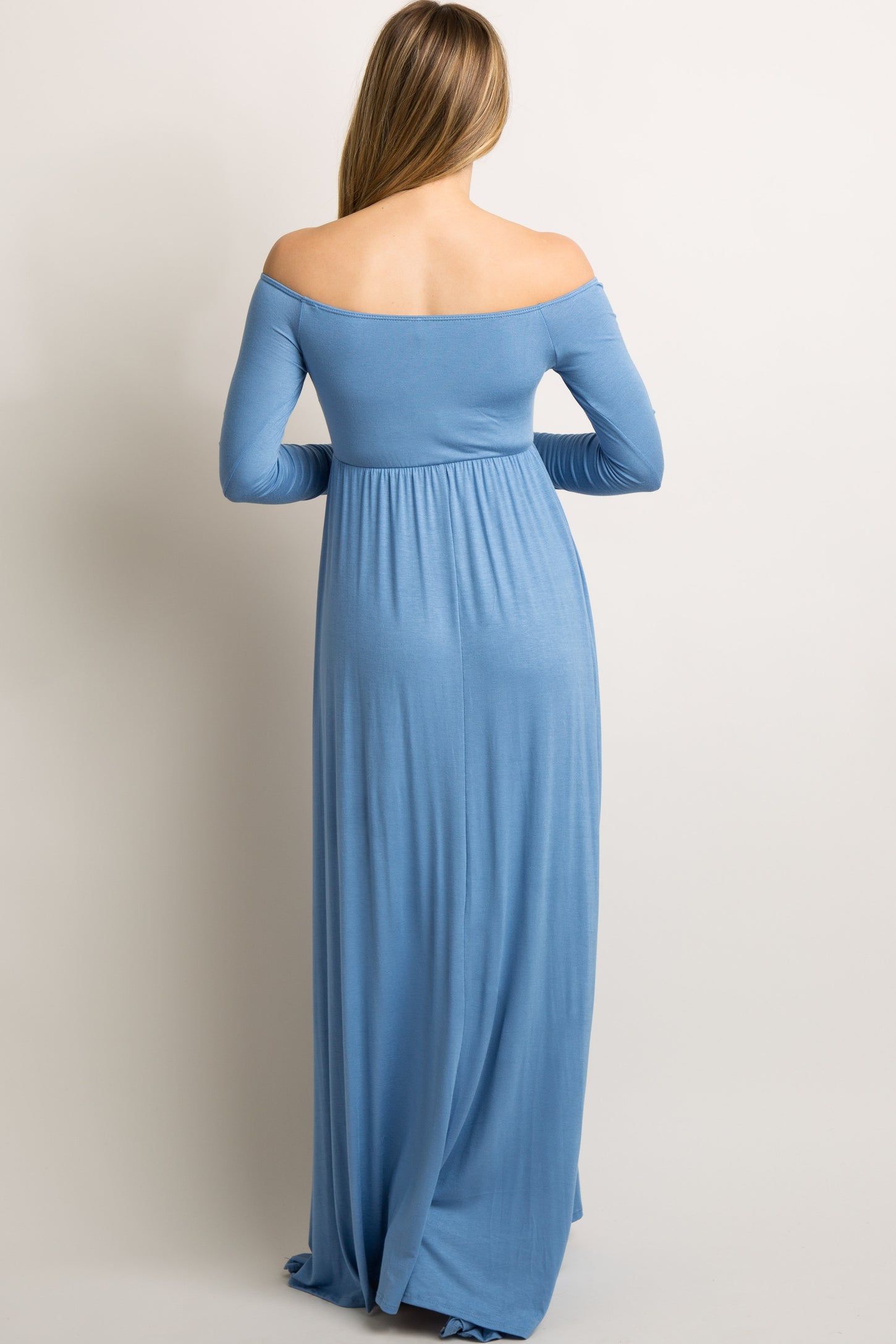 PinkBlush Petite Blue Solid Off Shoulder Maternity Maxi Dress