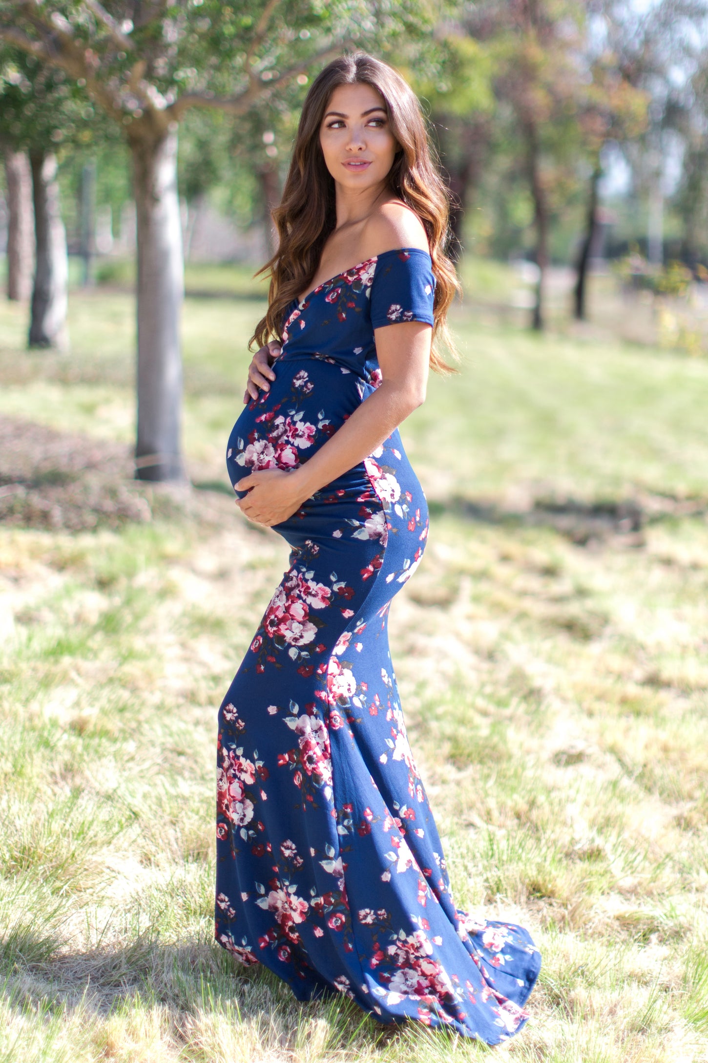 Navy Floral Off Shoulder Wrap Maternity Photoshoot Gown/Dress– PinkBlush
