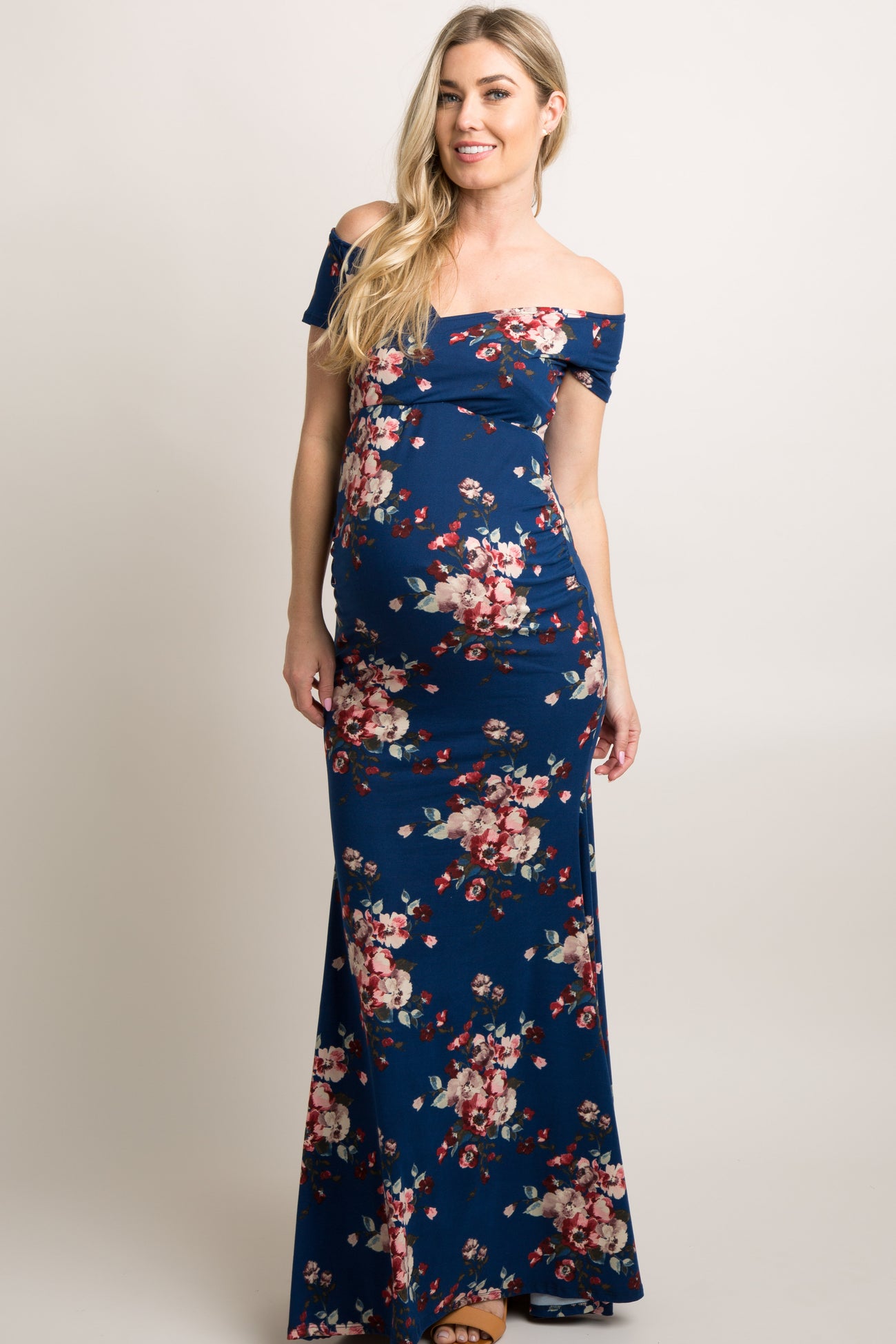 Navy Floral Off Shoulder Wrap Maternity Photoshoot Gown/Dress – PinkBlush