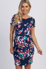 PinkBlush Blue Floral Ruched Fitted Maternity Dress