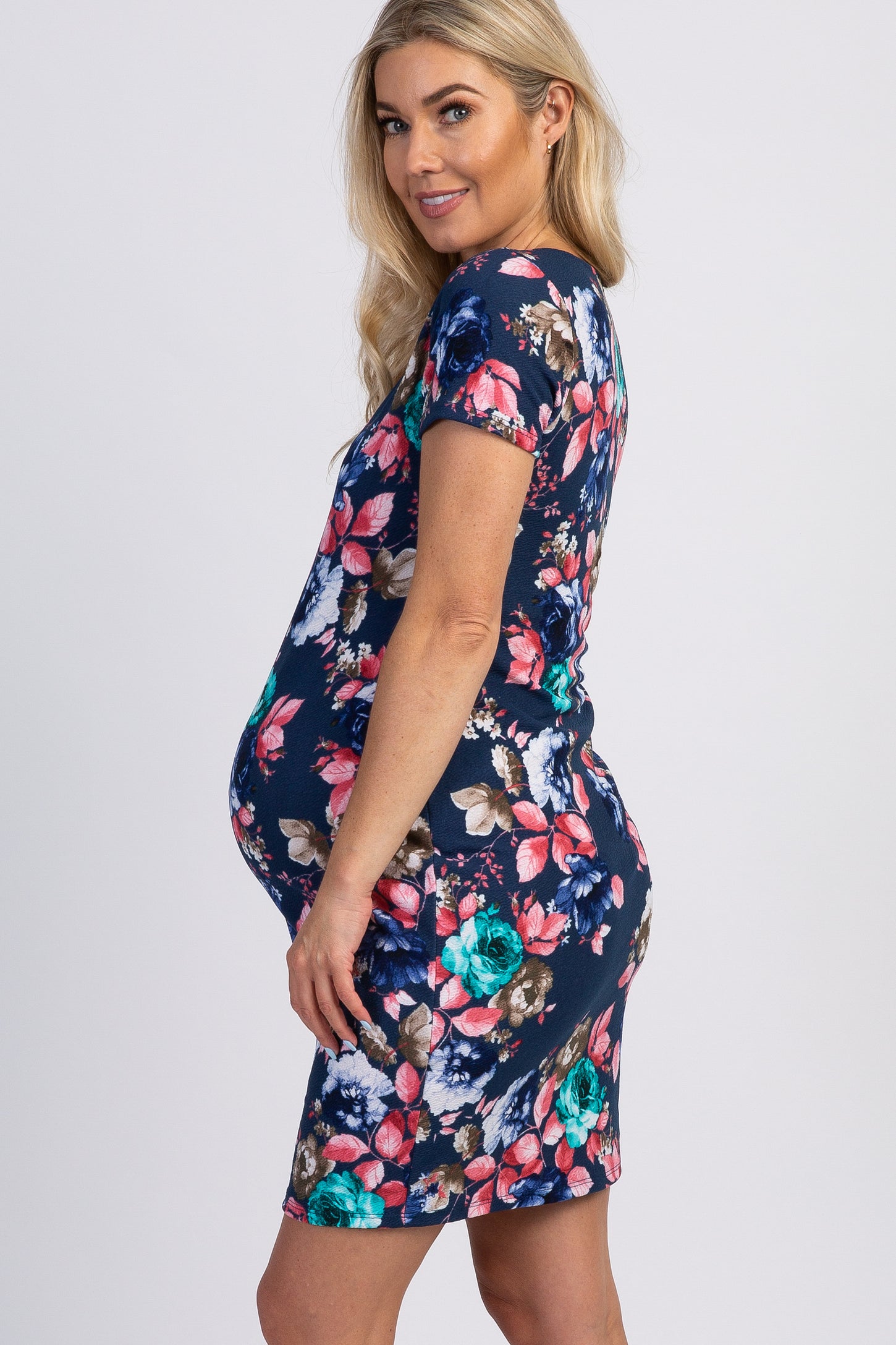 PinkBlush Blue Floral Ruched Fitted Maternity Dress