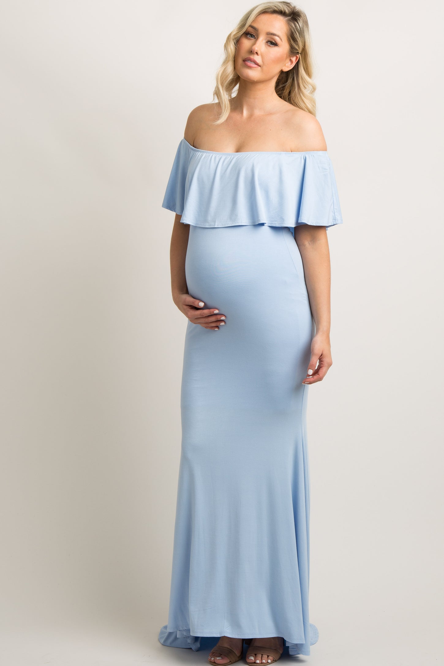 PinkBlush Light Blue Ruffle Off Shoulder Mermaid Maternity Photoshoot Gown/Dress