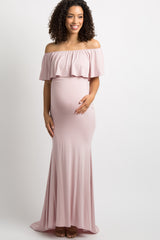 Light Pink Ruffle Off Shoulder Mermaid Maternity Photoshoot Gown/Dress