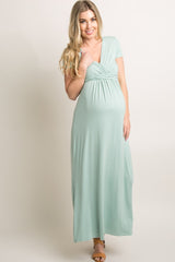 PinkBlush Petite Light Olive Draped Maternity/Nursing Maxi Dress