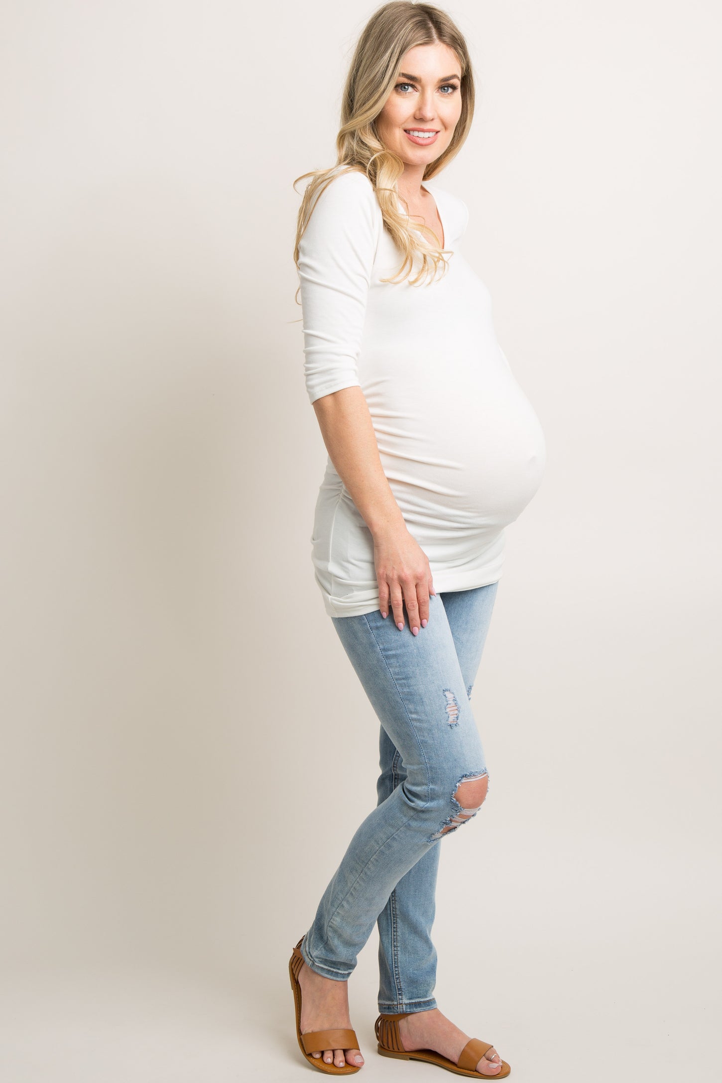 PinkBlush White V-Neck 3/4 Sleeve Fitted Maternity Top