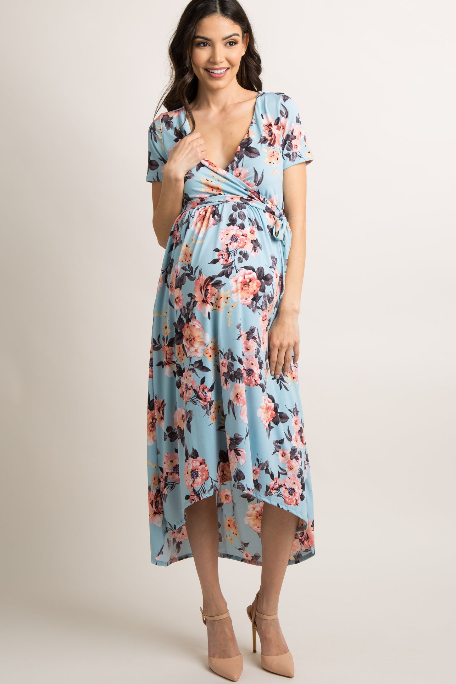 Light Blue Floral Hi-Low Maternity Midi Dress– PinkBlush