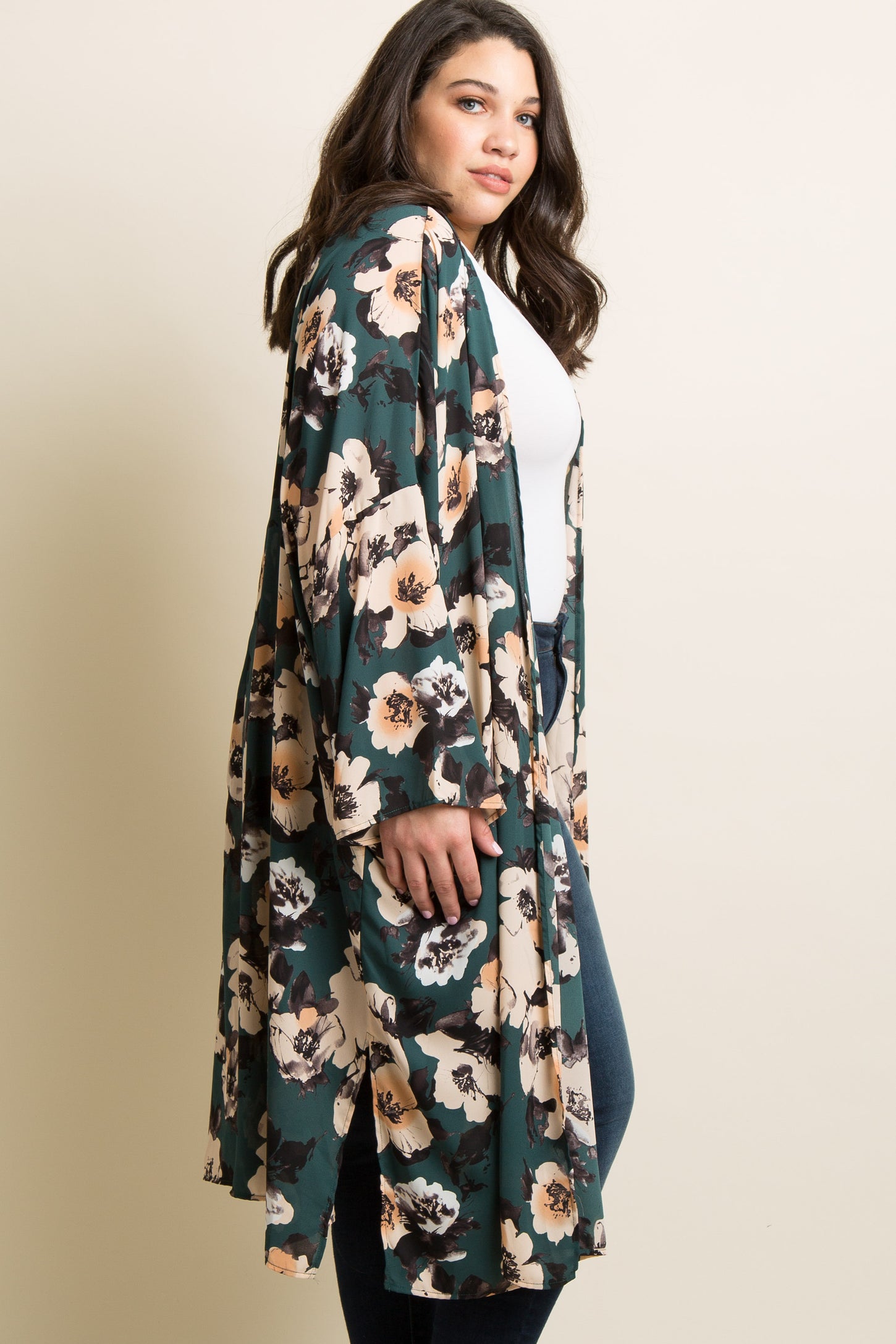 PinkBlush Green Floral Chiffon Long Plus Cover Up