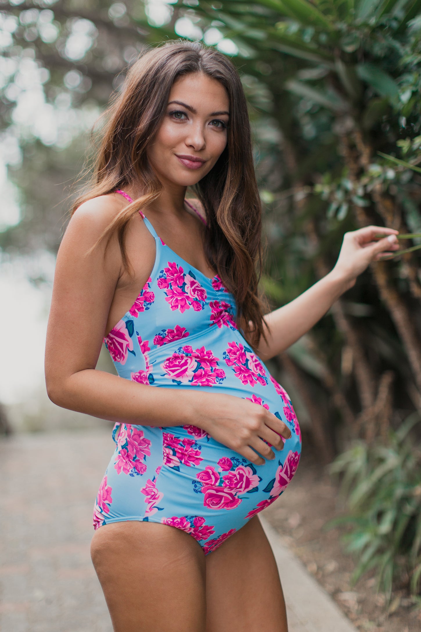 Light Blue Rose Floral Lace-Up Back One-Piece Maternity Swimsuit– PinkBlush