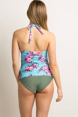 Turquoise Floral Maternity Tankini Halter Top