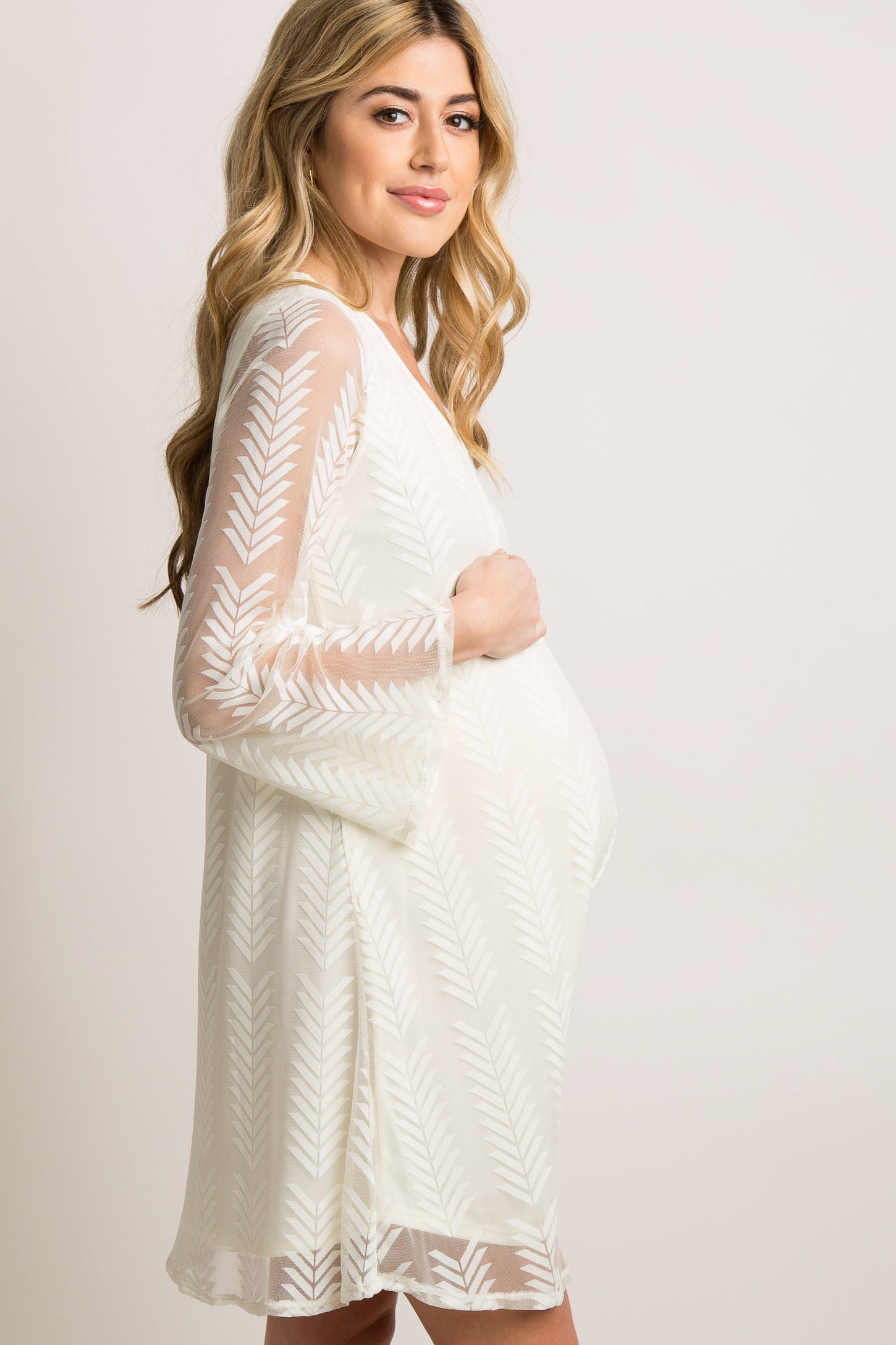 PinkBlush Ivory Chevron Mesh Overlay Maternity Dress