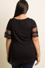 Black Crochet Mesh Sleeve Plus Top