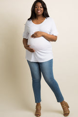 White Solid Ruffle Sleeve Plus Maternity Top