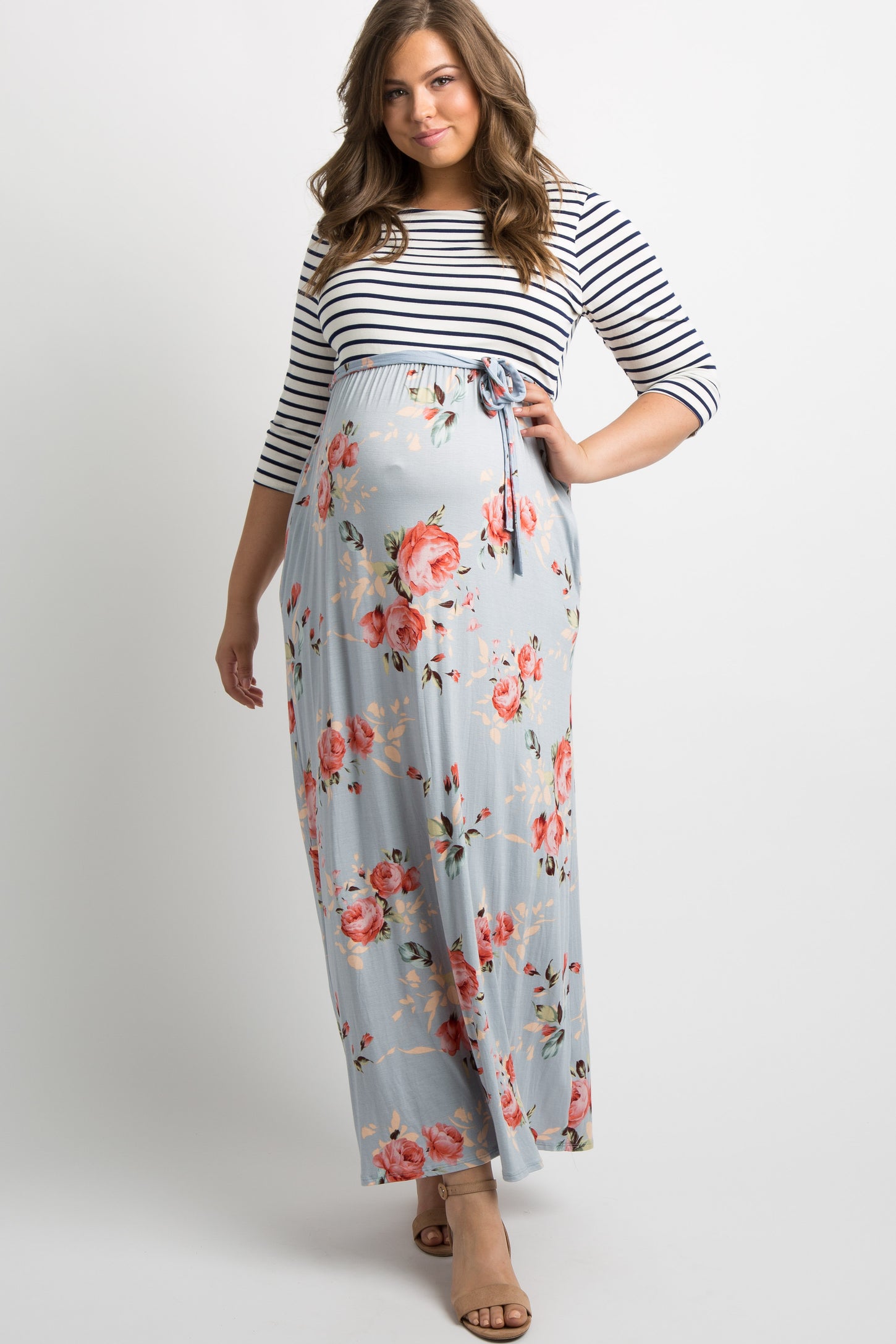 Blue Striped Colorblock Floral Plus Maternity Maxi Dress