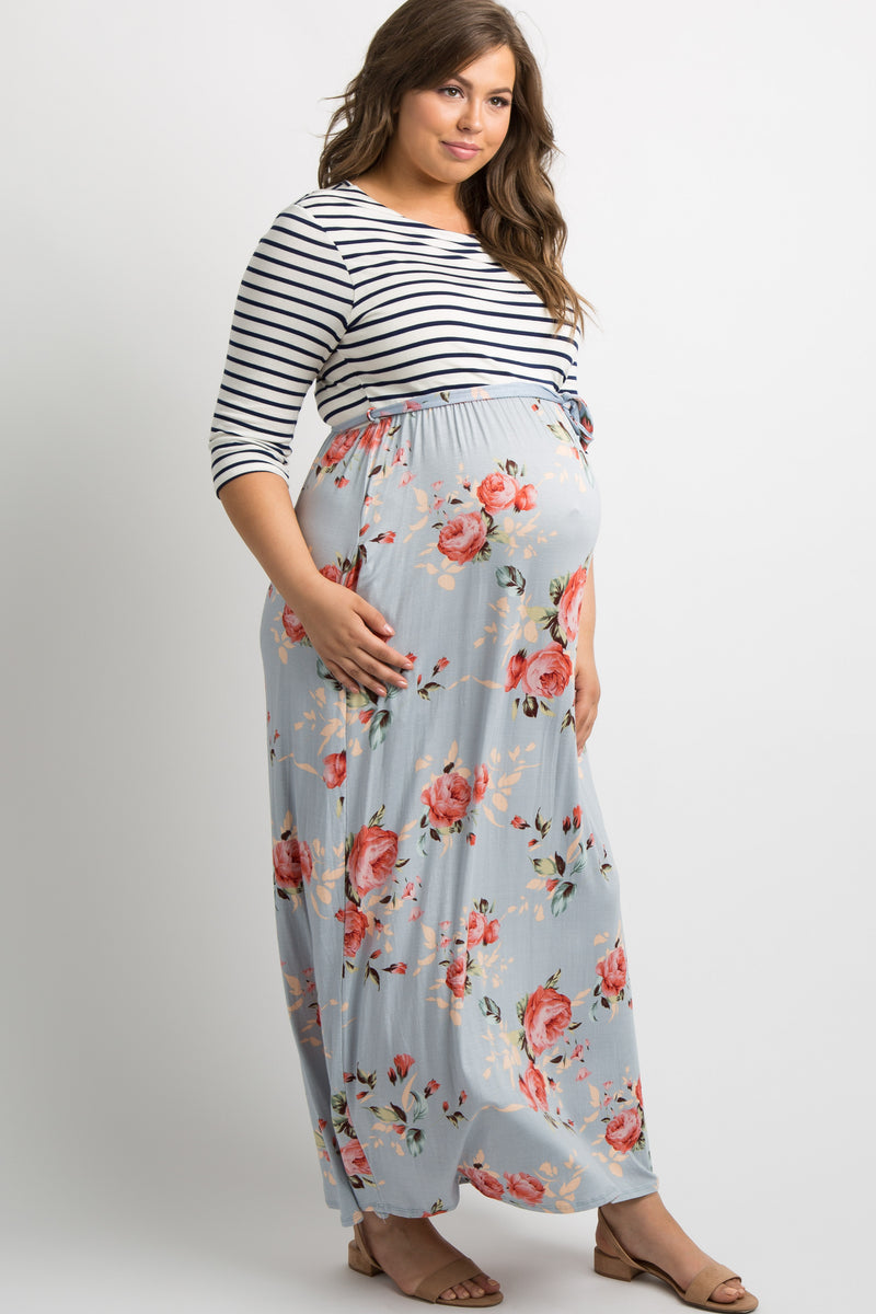 Blue Striped Colorblock Floral Plus Maternity Maxi Dress– PinkBlush