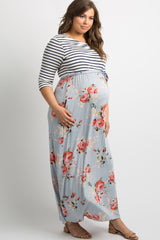 Blue Striped Colorblock Floral Plus Maternity Maxi Dress