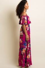 PinkBlush Magenta Floral Ruffle Open Shoulder Maxi Dress