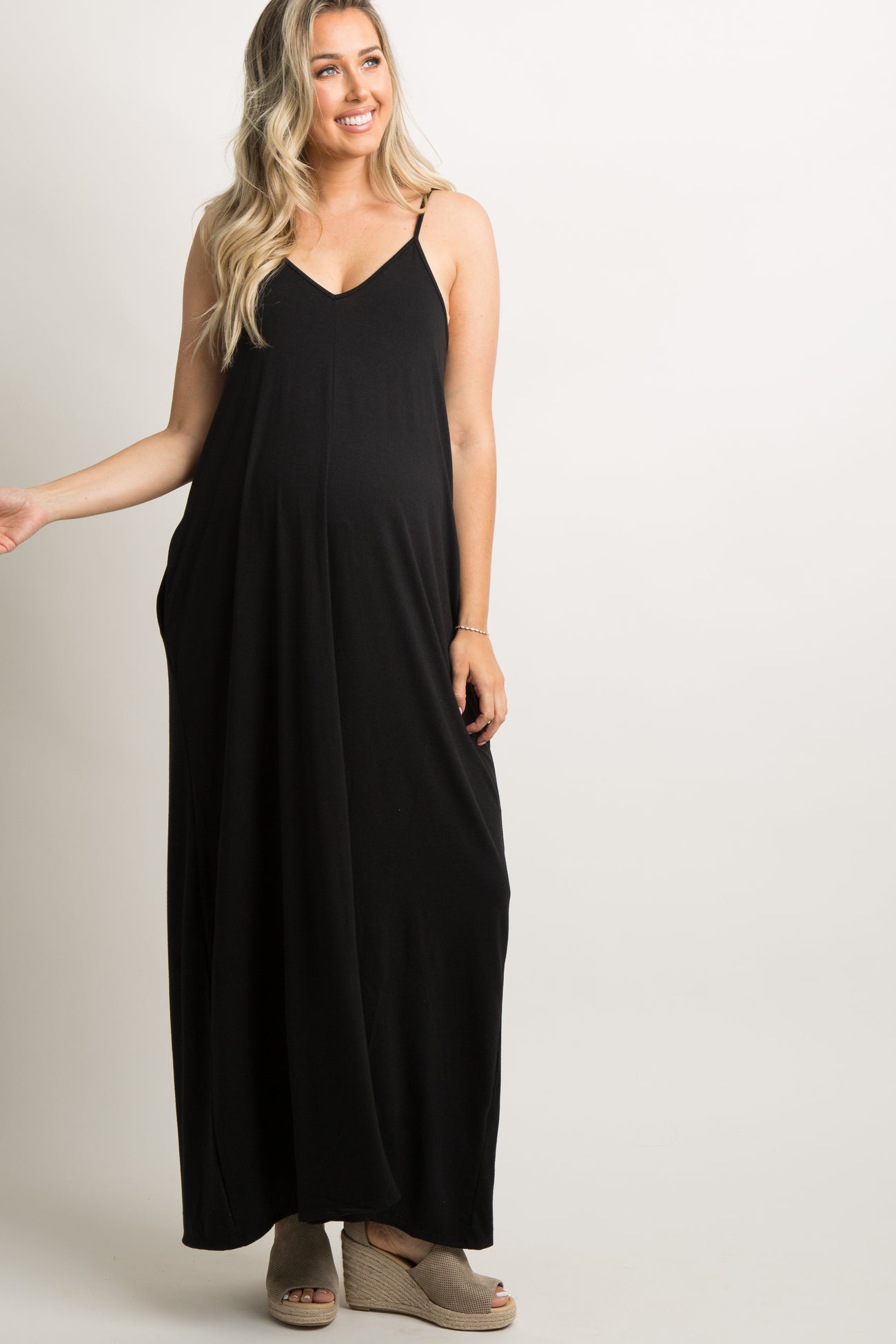 Black Solid Cami Strap Maternity Maxi Dress– PinkBlush