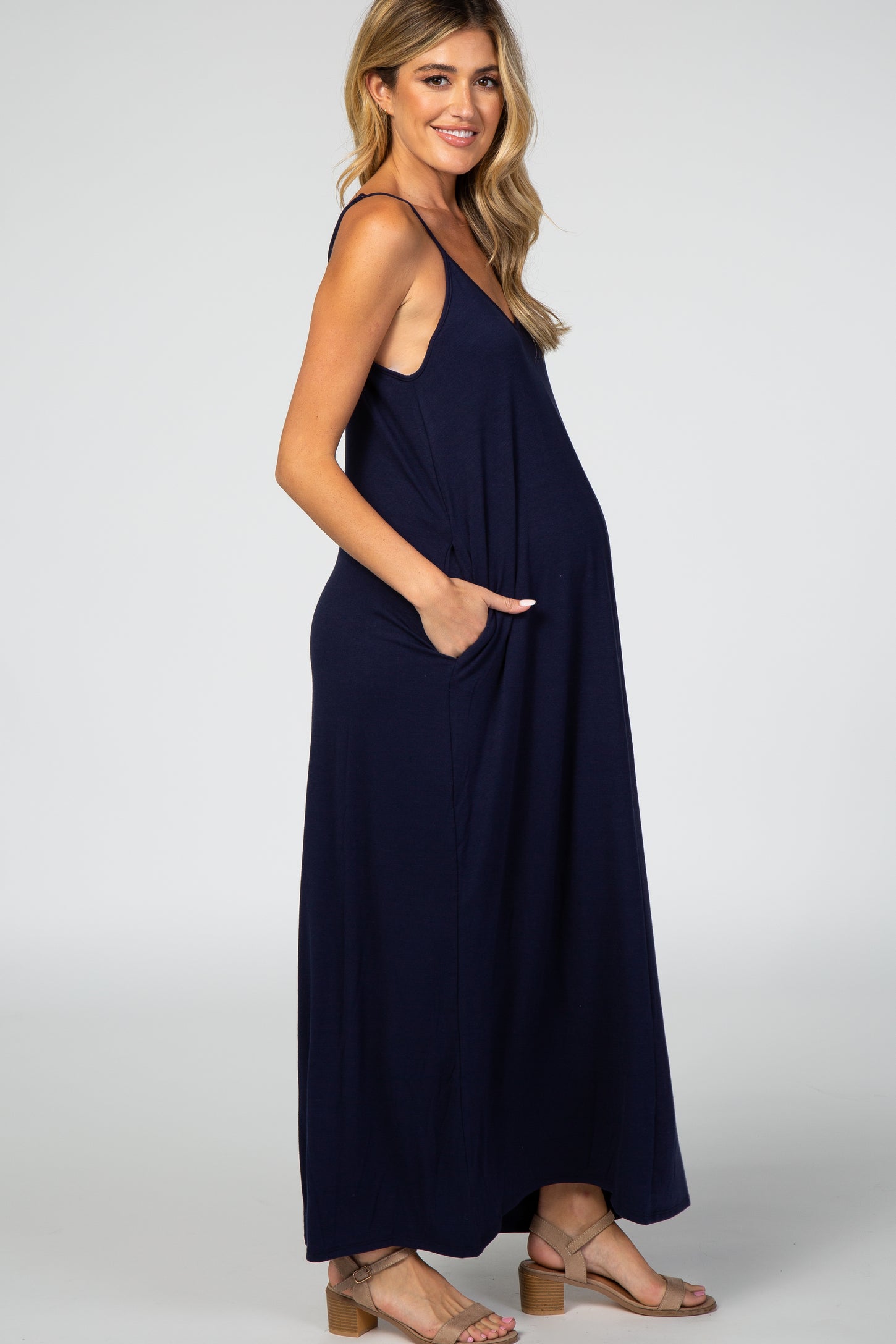 Navy Blue Solid Cami Maternity Maxi Dress