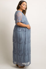 PinkBlush Blue Lace Mesh Overlay Plus Maternity Maxi Dress