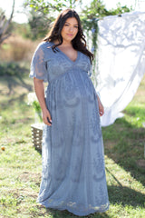 PinkBlush Blue Lace Mesh Overlay Plus Maternity Maxi Dress