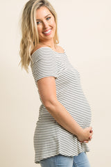 White Striped Ribbed Off Shoulder Maternity Top