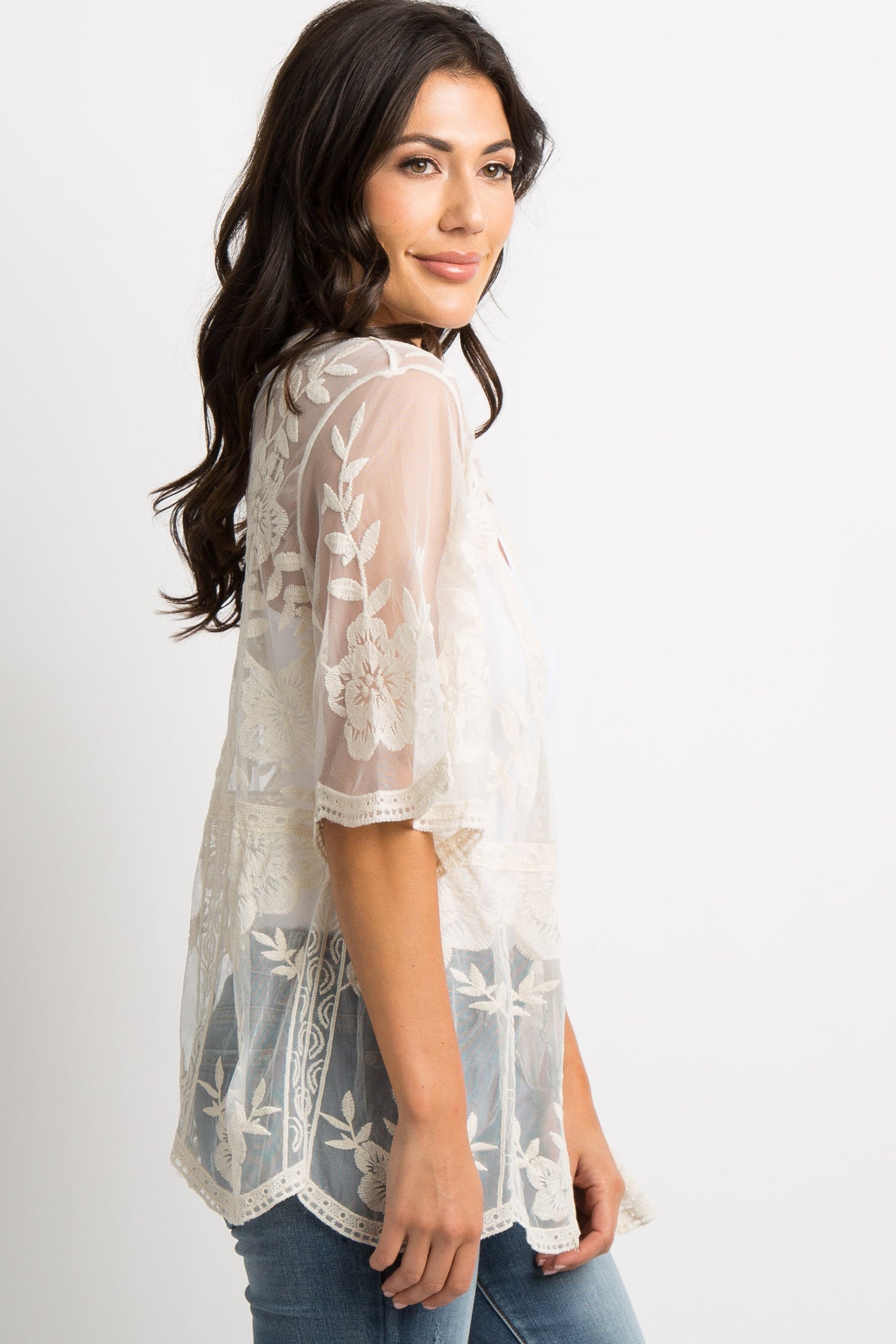 Ivory Scalloped Lace Mesh Cover Up