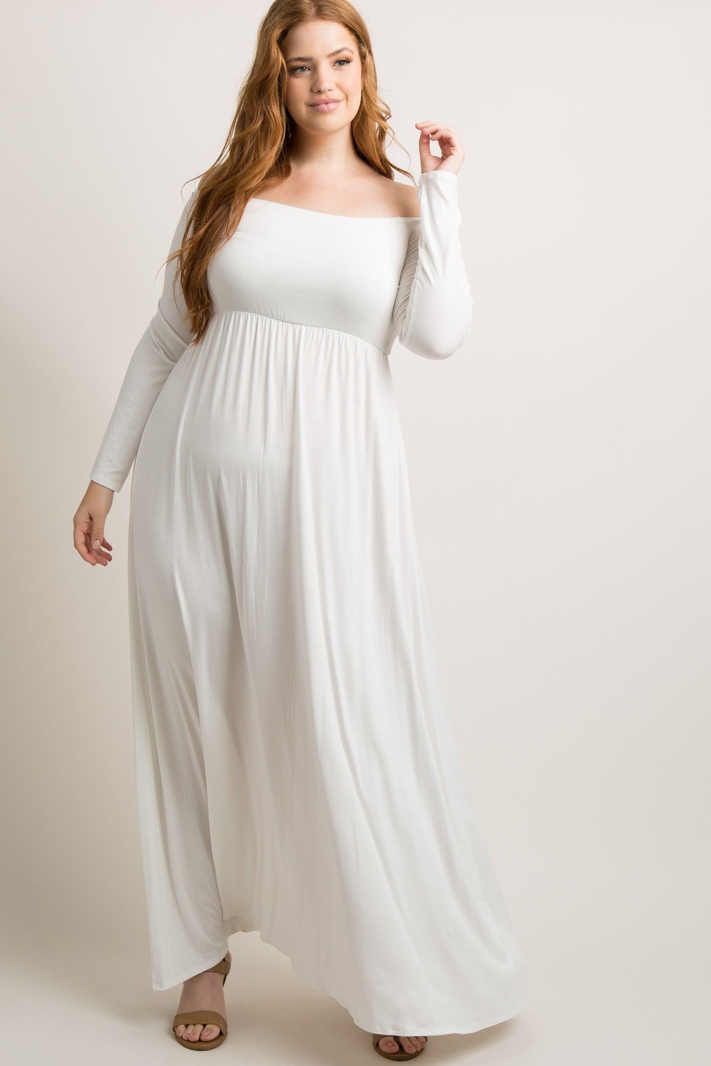 PinkBlush Ivory Solid Off Shoulder Plus Maternity Maxi Dress