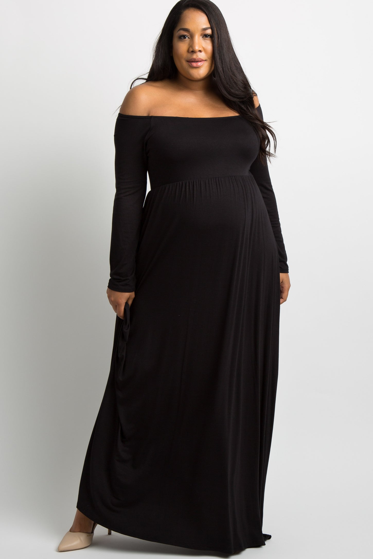 PinkBlush Black Solid Off Shoulder Plus Maternity Maxi Dress PinkBlush Black Solid Off Shoulder Plus Maternity Maxi Dress