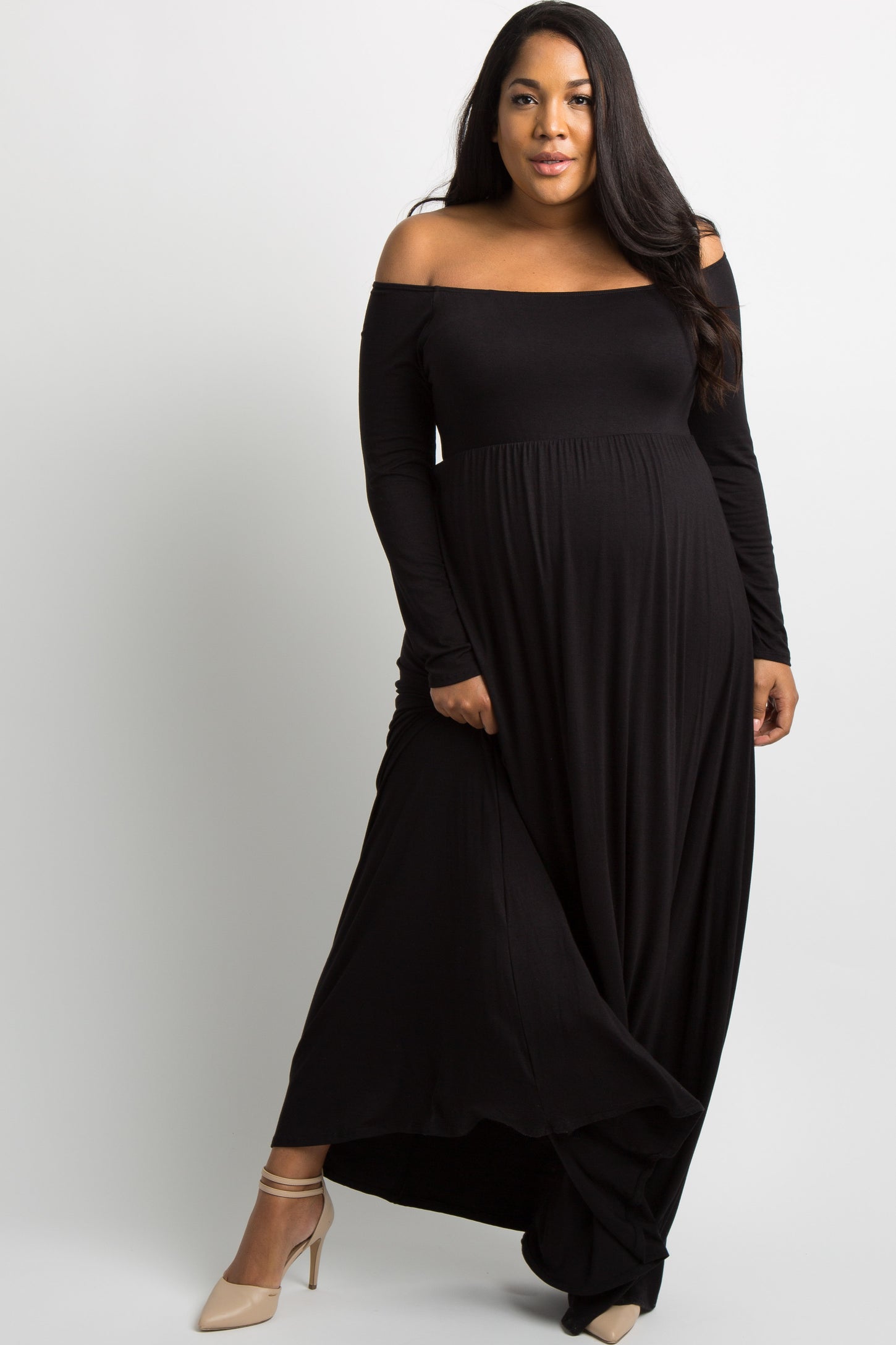 plus size off the shoulder maxi dress PinkBlush Black Solid Off Shoulder Plus Maternity Maxi Dress