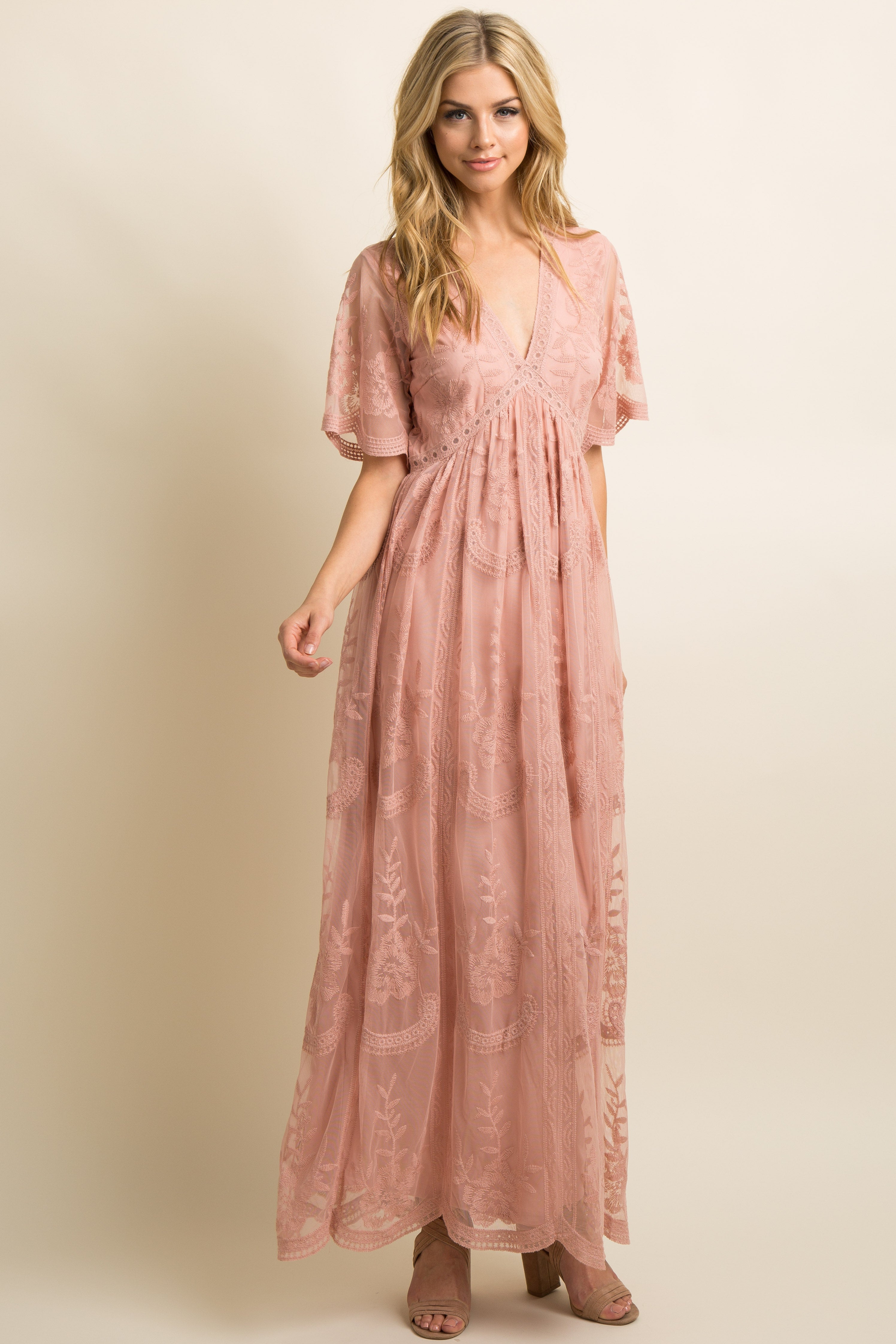 Light Pink Lace Mesh Overlay Maxi Dress Light Pink Lace Mesh Overlay Maxi Dress