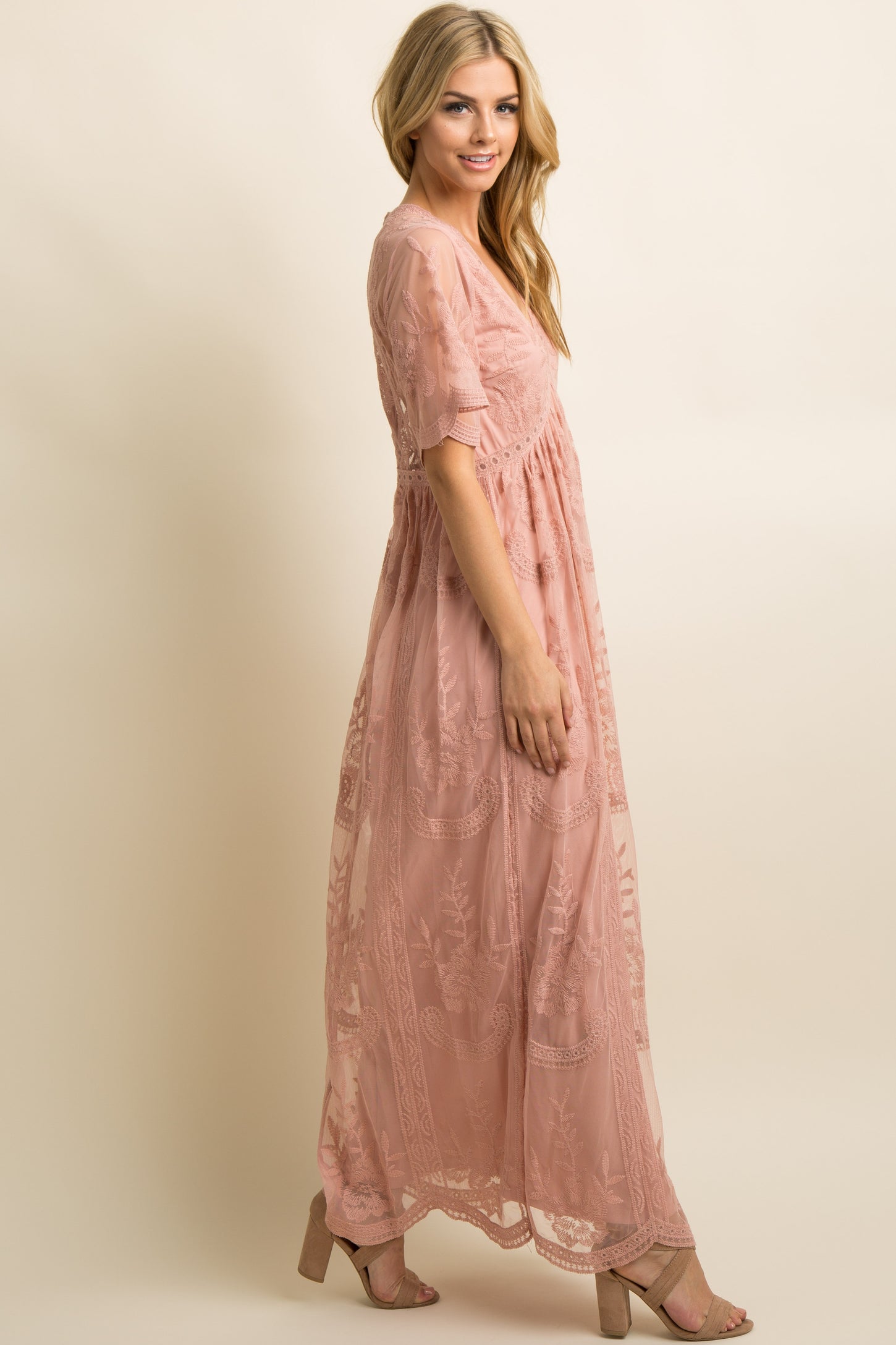 Light Pink Lace Mesh Overlay Maxi Dress PinkBlush Light Pink Lace Mesh Overlay Maxi Dress PinkBlush
