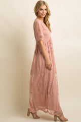 Light Pink Lace Mesh Overlay Maxi Dress