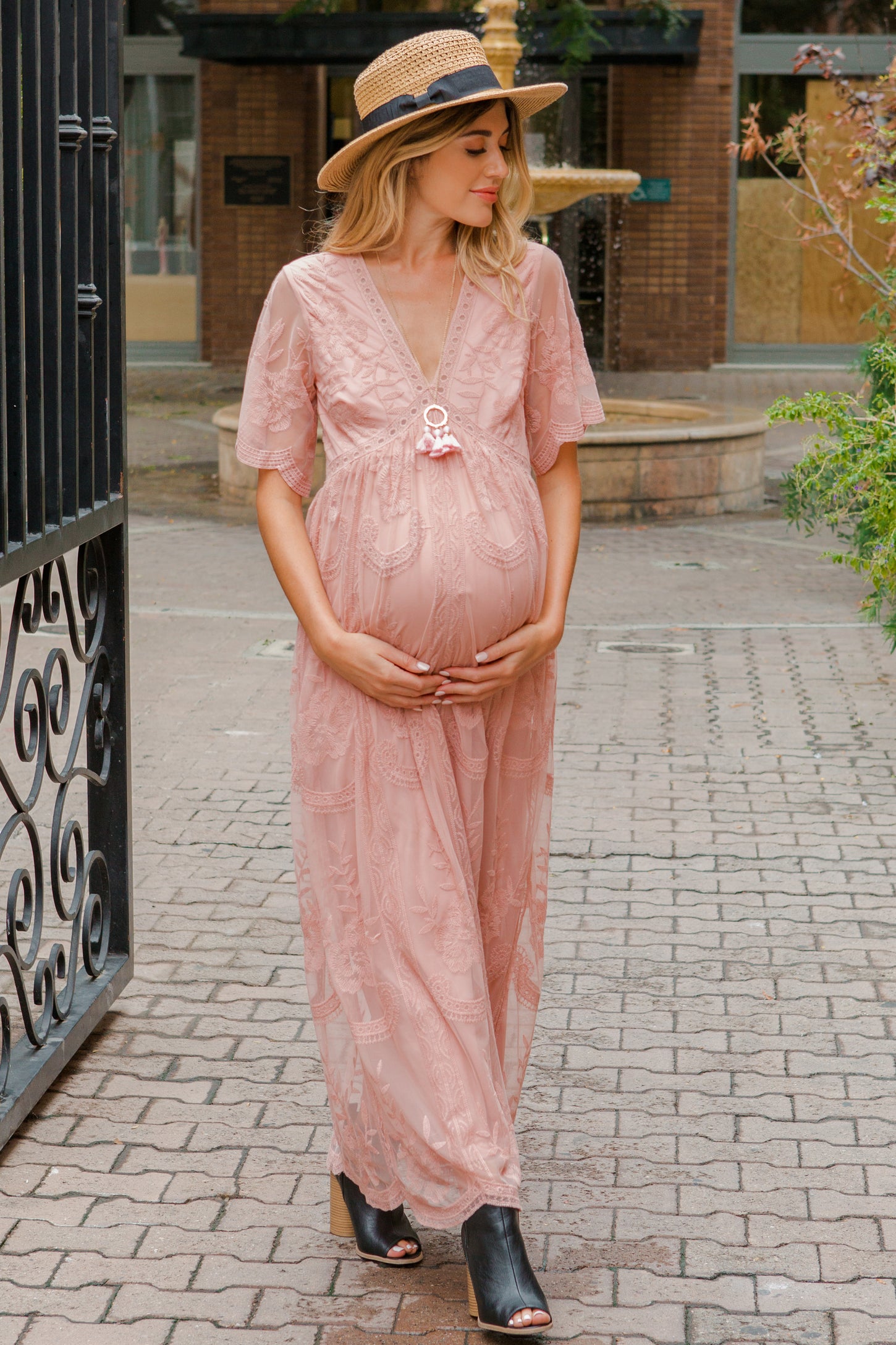 Light Pink Lace Mesh Overlay Maternity Maxi Dress