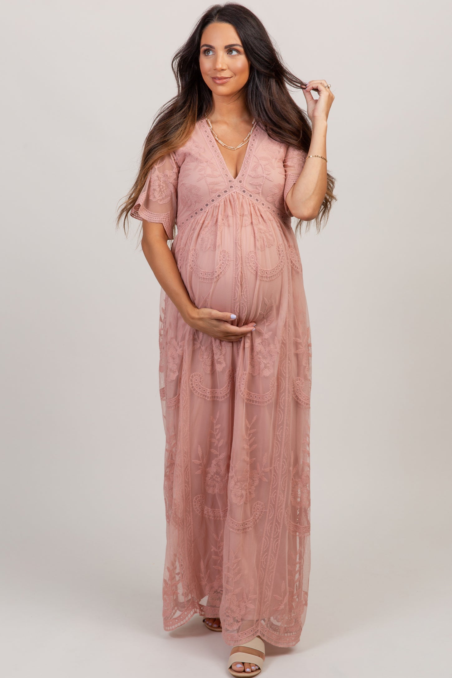 PinkBlush Maternity Beige Lace Overlay Tie Accent Maternity Dress, Small at   Women's Clothing store