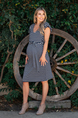 Navy Blue Striped Sash Tie Flounce Trim Maternity Dress