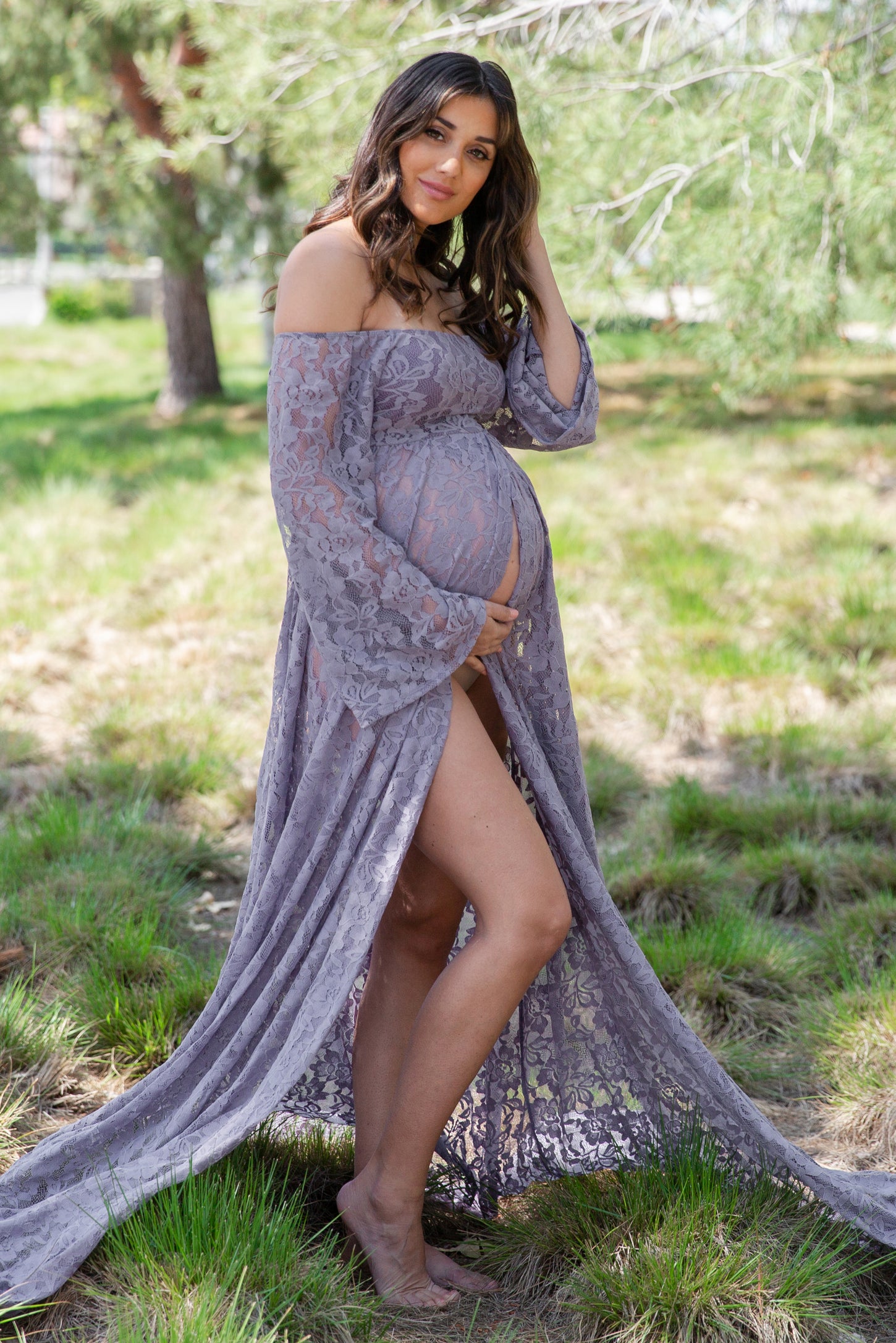 PinkBlush Lavender Lace Off Shoulder Maternity Photoshoot Gown/Dress